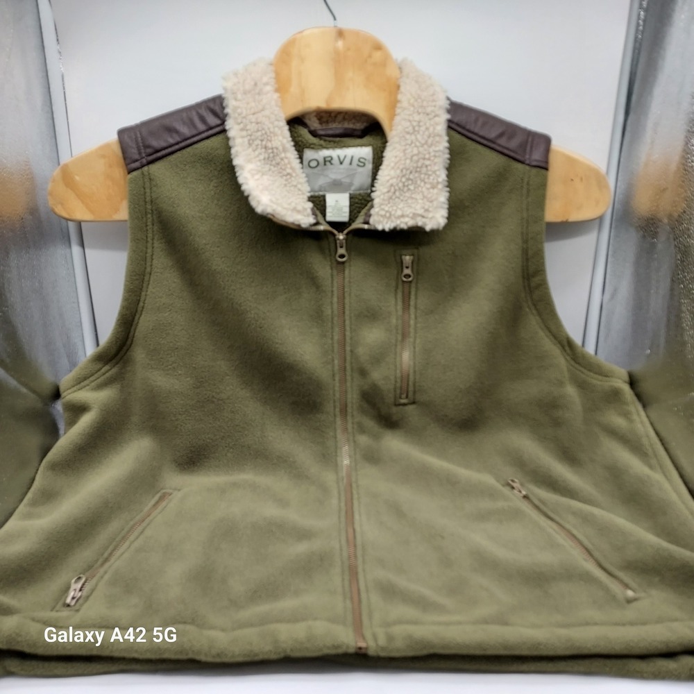 Orvis Mens XL Fleece Vest Olive Green Sherpa Collar Faux Leather Yoke 8X4L